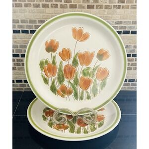 Meadowbrook Stoneware Dinner Plates 10.5" Tulip Floral Orange Poppies Japan X2